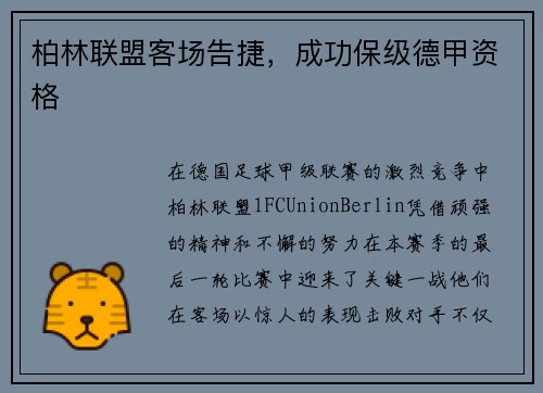 柏林联盟客场告捷，成功保级德甲资格