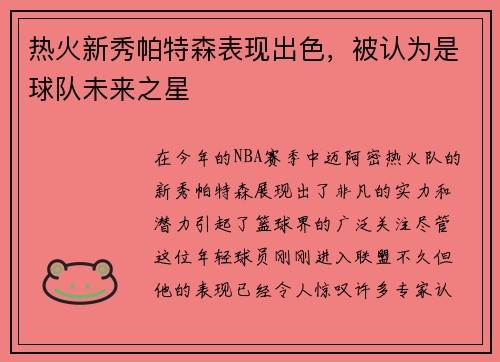 热火新秀帕特森表现出色，被认为是球队未来之星