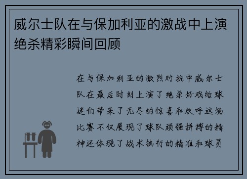 威尔士队在与保加利亚的激战中上演绝杀精彩瞬间回顾